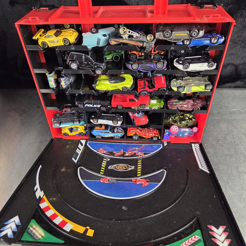 Red Toy Car Organizer Case with Assorted Mini Vehicles